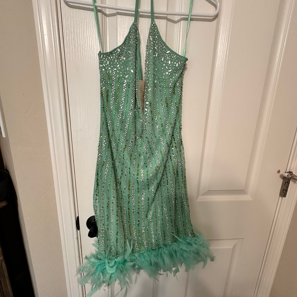 Banjul Embellished Mini Dress with Feather Hem – Size L – New, Never Worn